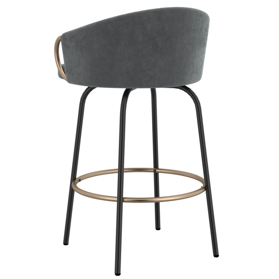 Grey Velvet Bucket Seat Stool with Aged Gold Detail - Set of 2