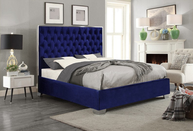 Velvet Bed with Deep Tufting and Chrome Trim