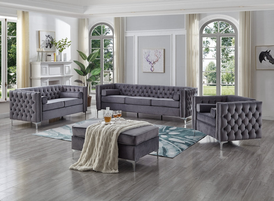 Grey Velvet Sofa Set with Deep Tufting (Available Individually or as a Set)
