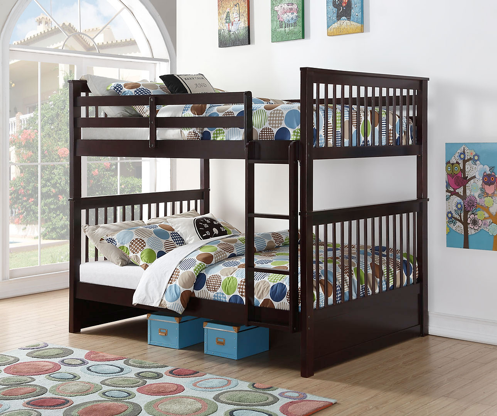 Horizontal Slats Wood Bunk Bed with Ladder