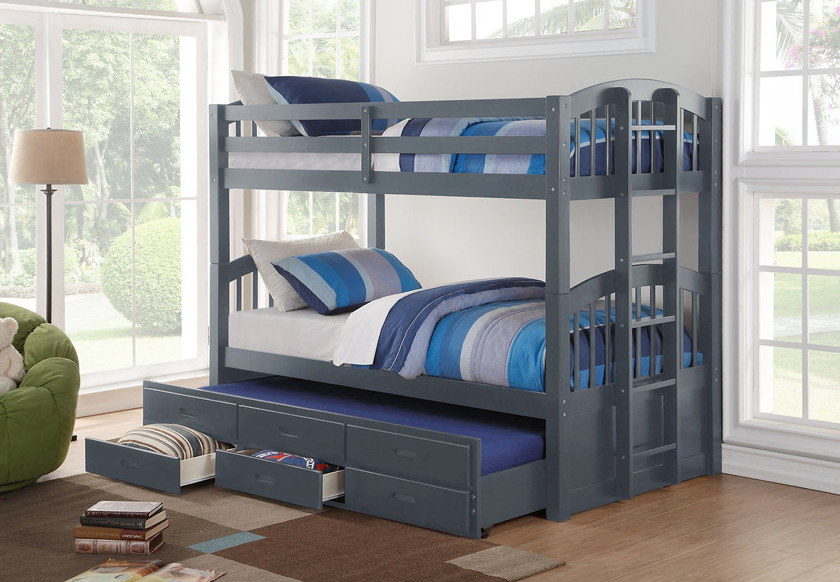 Horizontal Slats Wood Bunk Bed with Side Ladder, Trundle and Storage