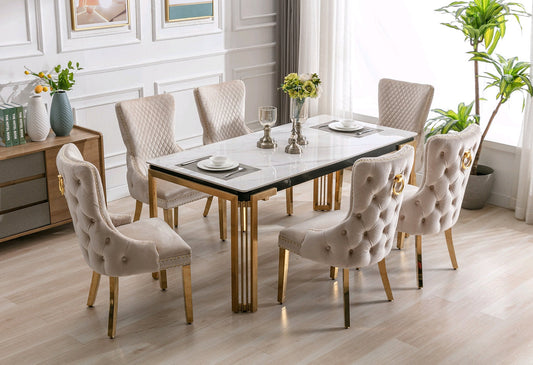 Ceramic Marble Gold Dining Set with Velvet Chairs