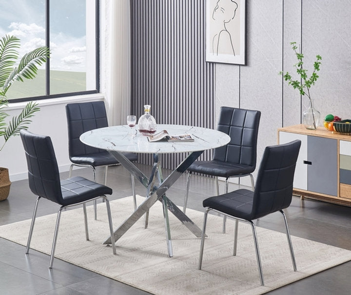 Round Tempered Marble Glass Dining Set with Chairs