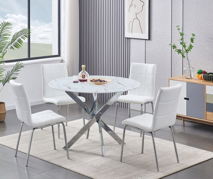 Round Tempered Marble Glass Dining Set with Chairs