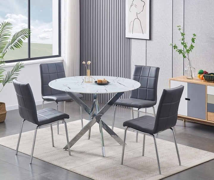 Round Tempered Marble Glass Dining Set with Chairs