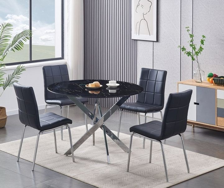 Round Tempered Marble Glass Dining Set with Chairs