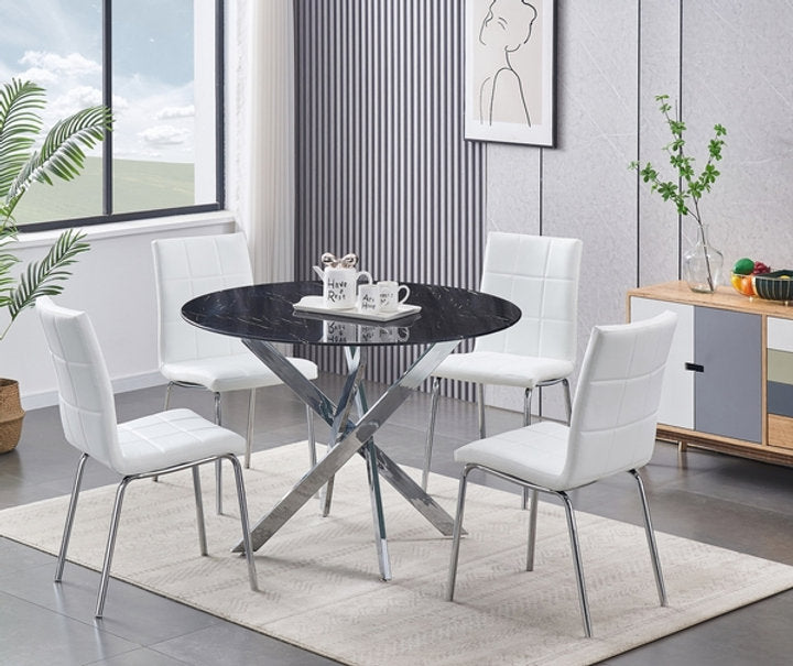 Round Tempered Marble Glass Dining Set with Chairs
