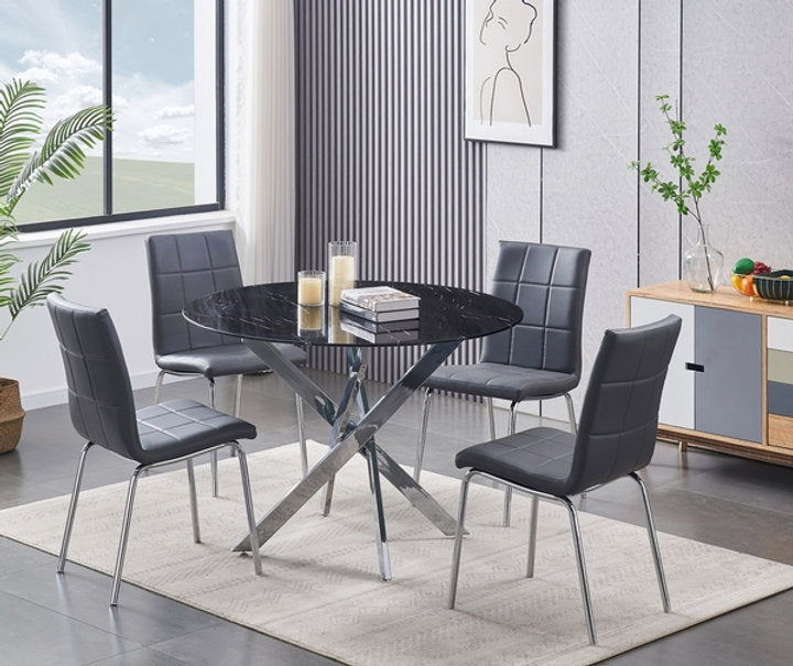Round Tempered Marble Glass Dining Set with Chairs