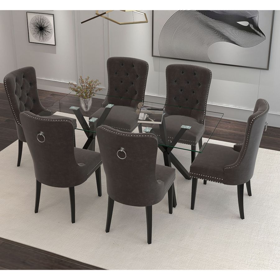 Geometric Glass Table Dining Set with Grey Velvet Chairs