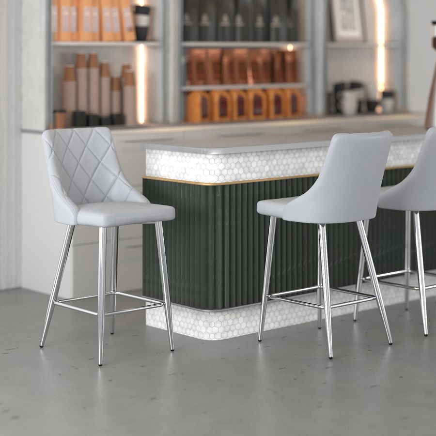 Grey Faux Leather Stool with Chrome-Finish Legs - Set of 2