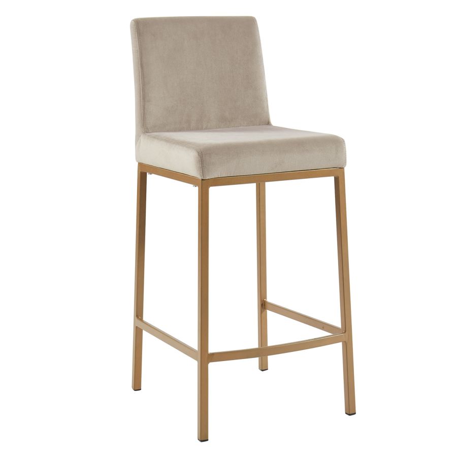 Beige Velvet Bar Stool with Aged Gold Legs - Set of 2