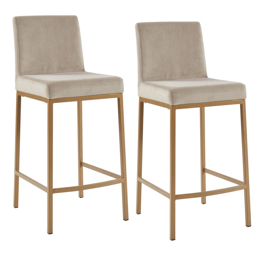 Beige Velvet Bar Stool with Aged Gold Legs - Set of 2