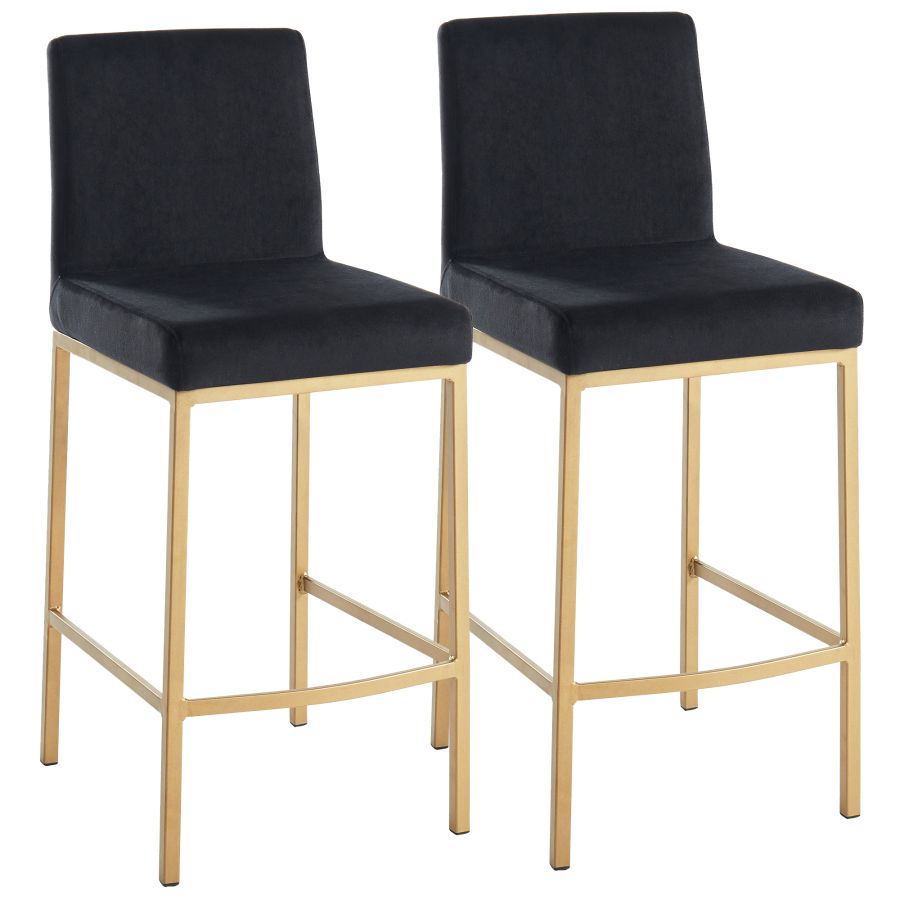 Black Velvet Bar Stool with Aged Gold Legs - Set of 2