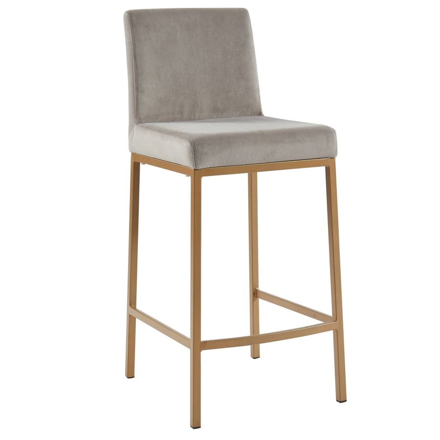 Grey Velvet Bar Stool with Aged Gold Legs - Set of 2