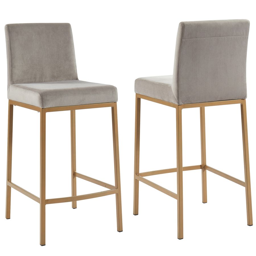 Grey Velvet Bar Stool with Aged Gold Legs - Set of 2