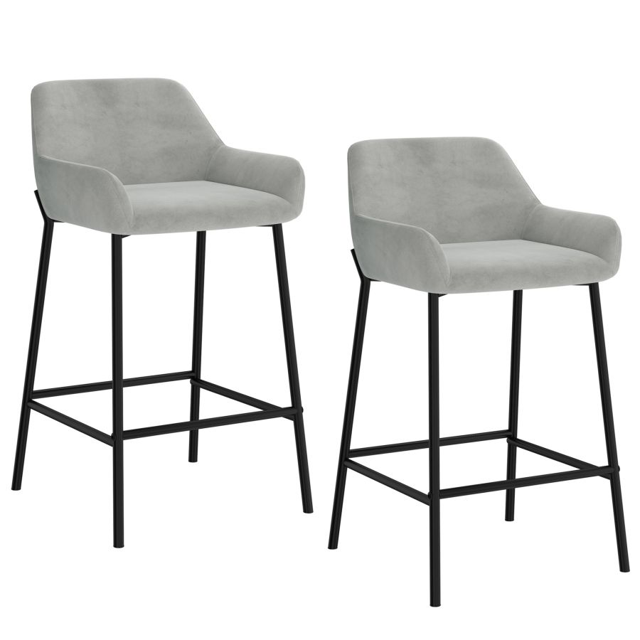 Grey Velvet Bar Stool with Metal Legs - Set of 2