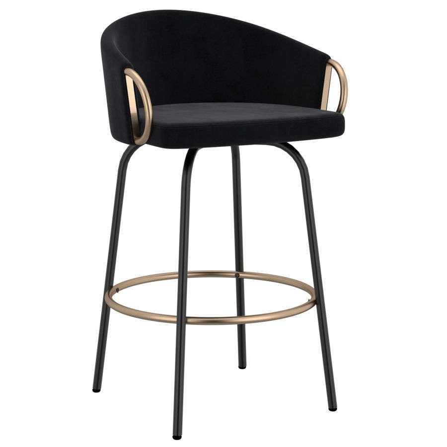 Black Velvet Bucket Seat Stool with Aged Gold Detail - Set of 2