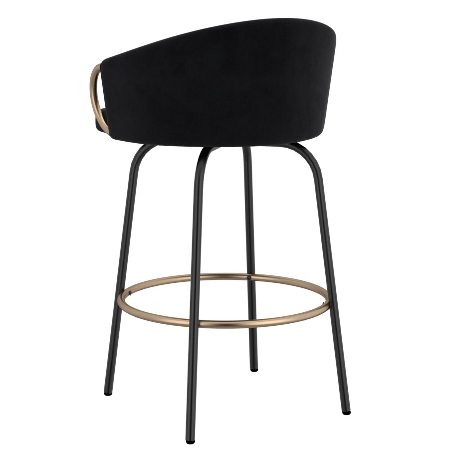 Black Velvet Bucket Seat Stool with Aged Gold Detail - Set of 2