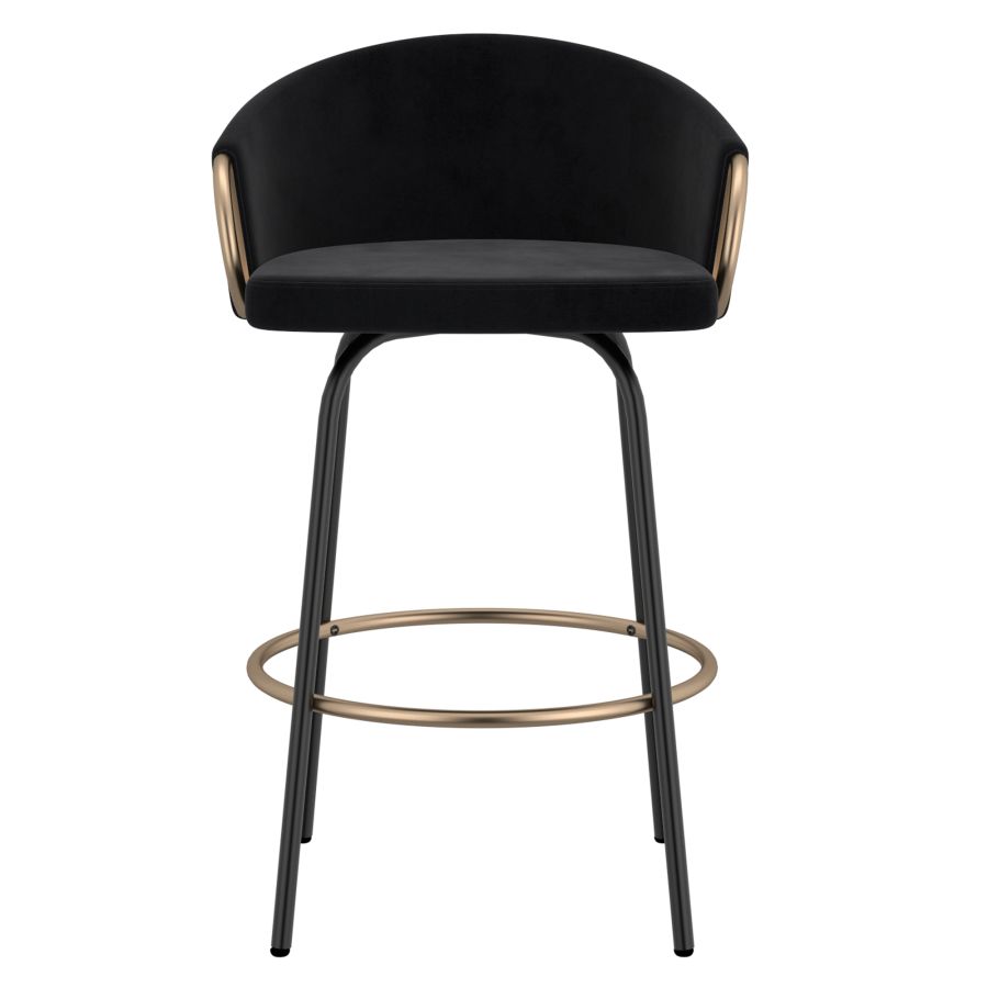 Black Velvet Bucket Seat Stool with Aged Gold Detail - Set of 2