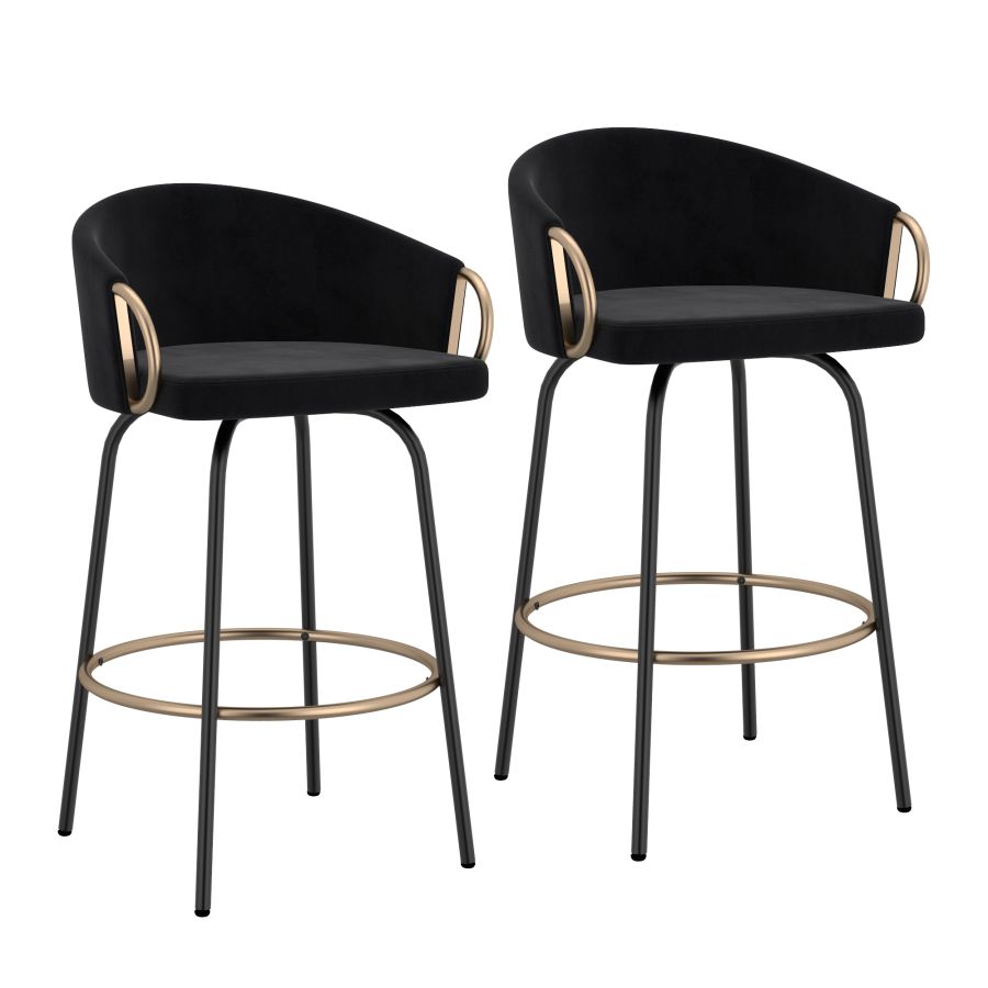 Black Velvet Bucket Seat Stool with Aged Gold Detail - Set of 2