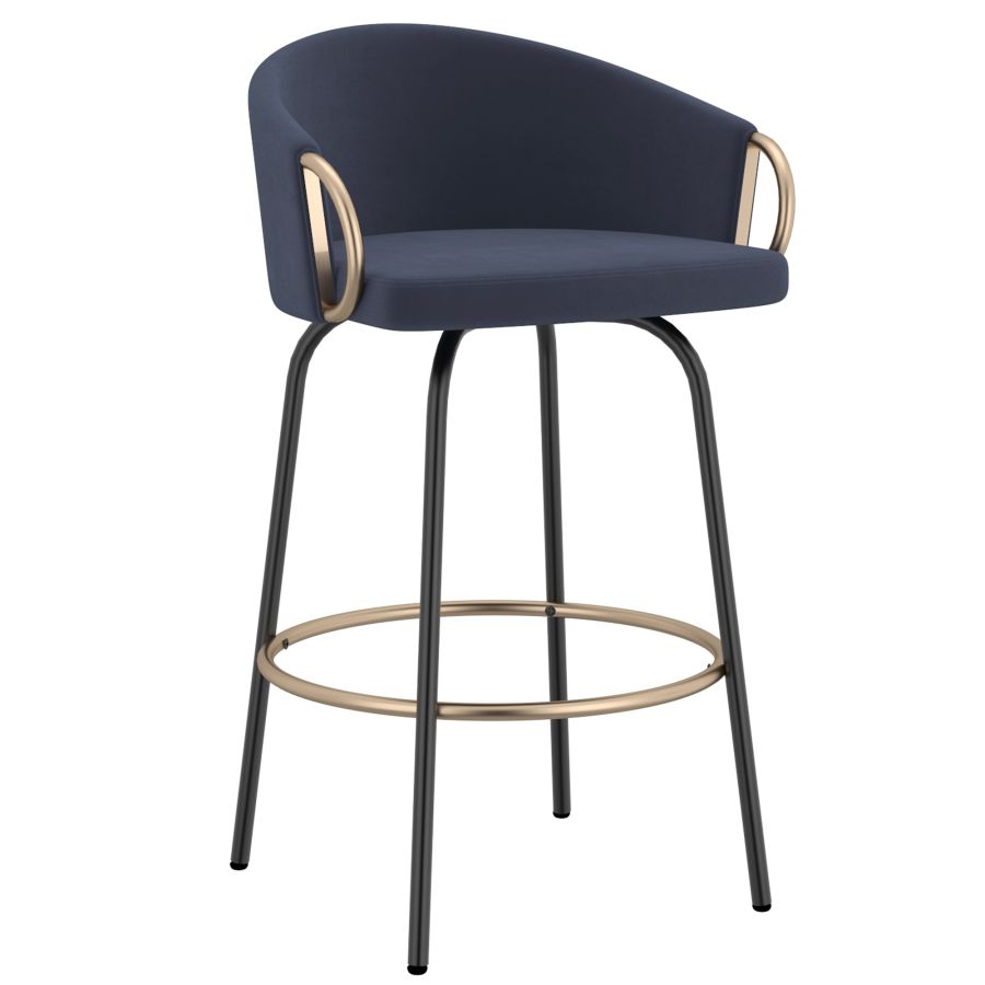 Blue Velvet Bucket Seat Stool with Aged Gold Detail - Set of 2