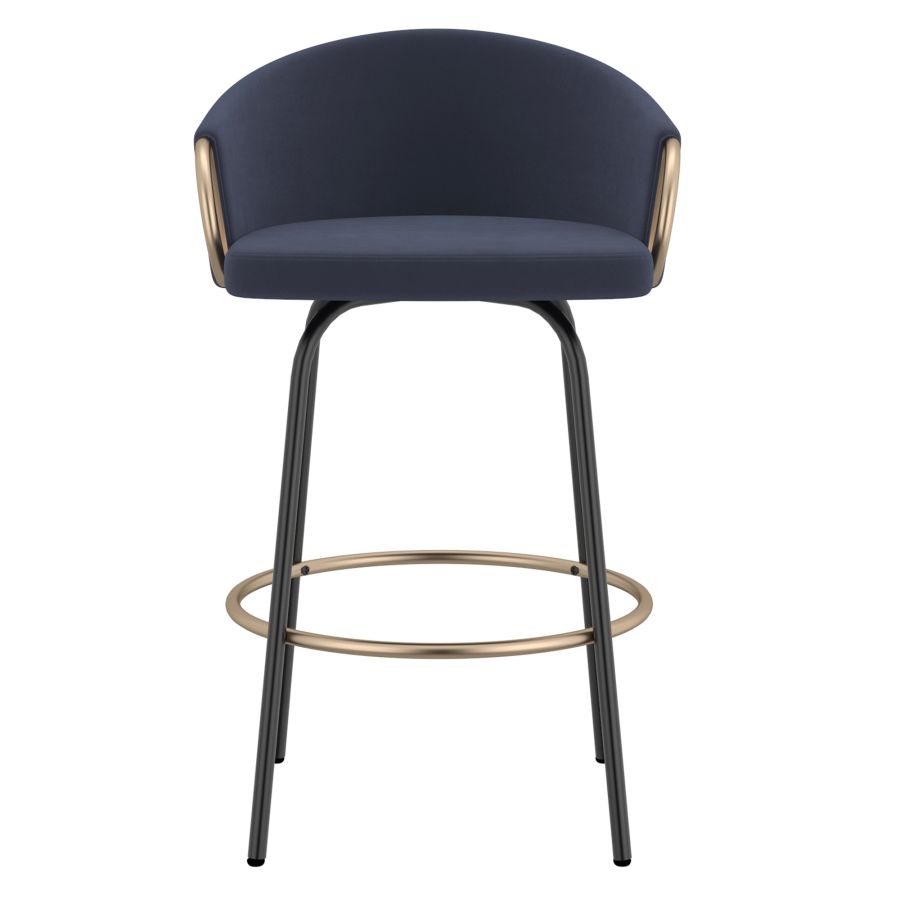 Blue Velvet Bucket Seat Stool with Aged Gold Detail - Set of 2