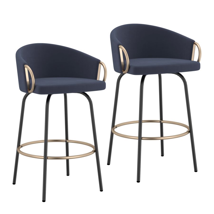 Blue Velvet Bucket Seat Stool with Aged Gold Detail - Set of 2