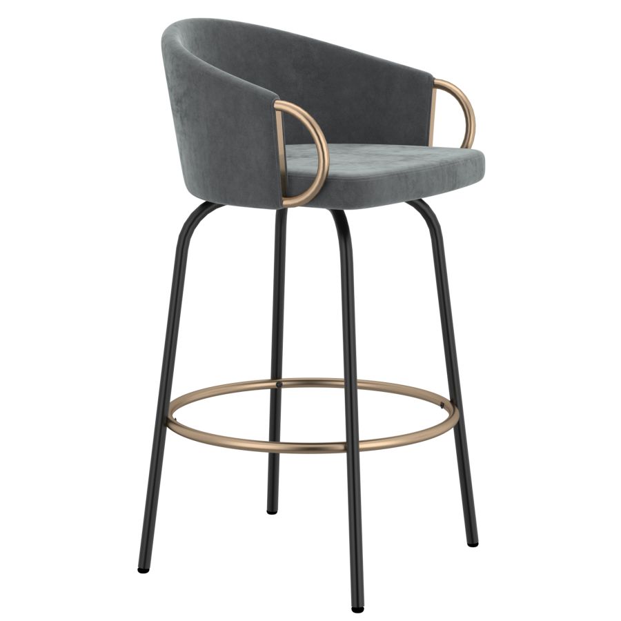 Grey Velvet Bucket Seat Stool with Aged Gold Detail - Set of 2