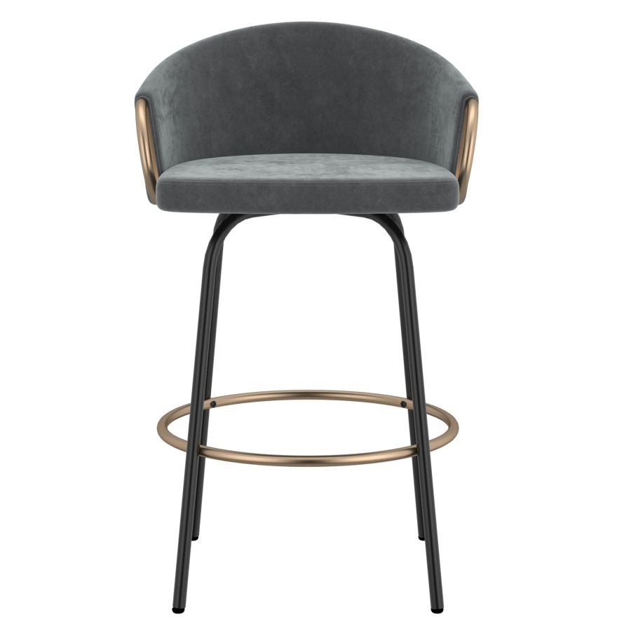 Grey Velvet Bucket Seat Stool with Aged Gold Detail - Set of 2