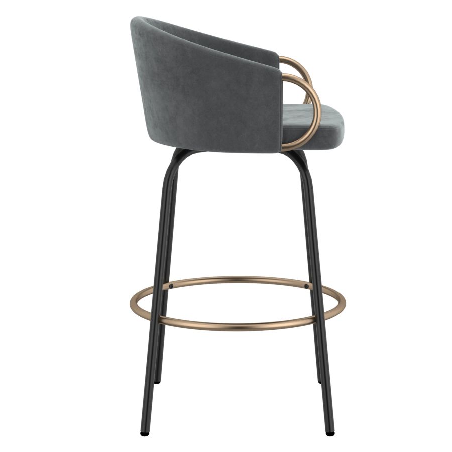 Grey Velvet Bucket Seat Stool with Aged Gold Detail - Set of 2