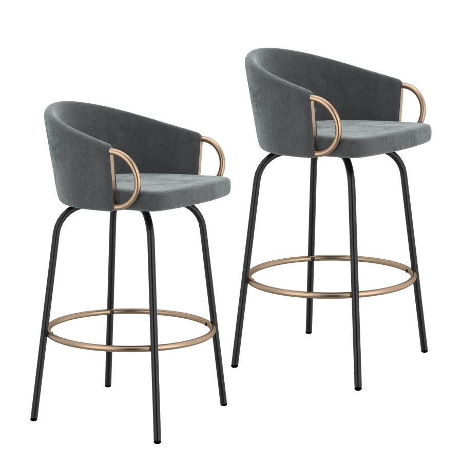 Grey Velvet Bucket Seat Stool with Aged Gold Detail - Set of 2