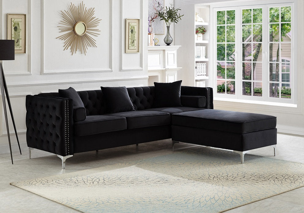 Grey Velvet Sectional Sofa with Deep Tufting
