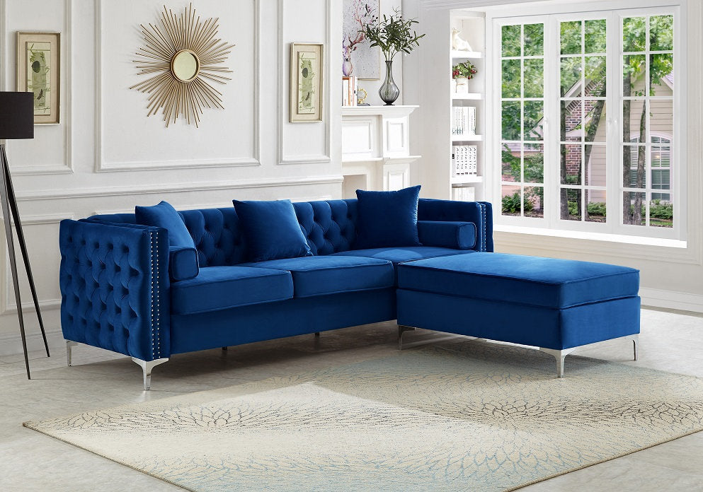 Grey Velvet Sectional Sofa with Deep Tufting