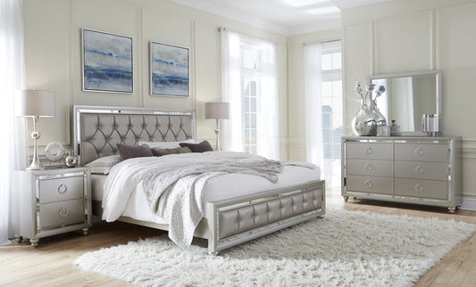 Silver with Mirror and Button Tufting Finish Bedroom Set (Bed, Dresser, Chest, Nightstand)