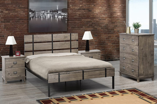 Distressed Wood Slats Bed, Chest of Drawers and Nightstand